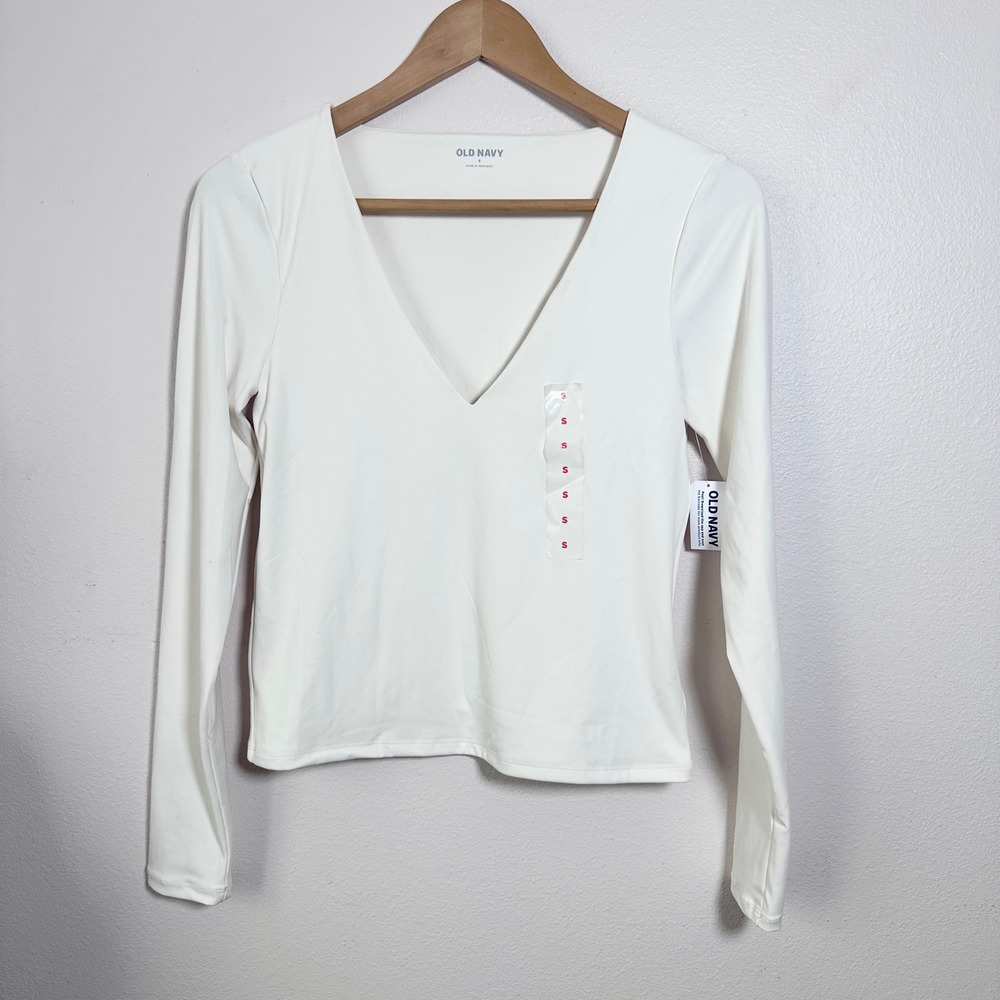Old Navy Long Sleeve Scuba Top V-Neck Tee‎ T Shirt Basic Fitted White Size S